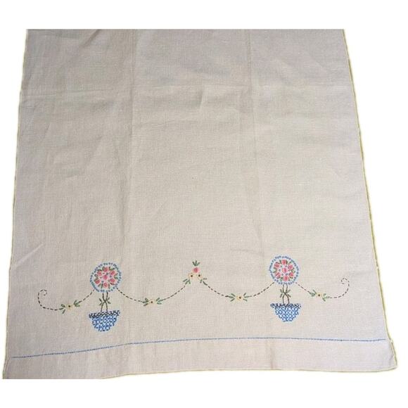 Vtg 1940s Irish Linen Guest Hand Towel Embroidered French Knot Floral Topiary - Picture 6 of 8